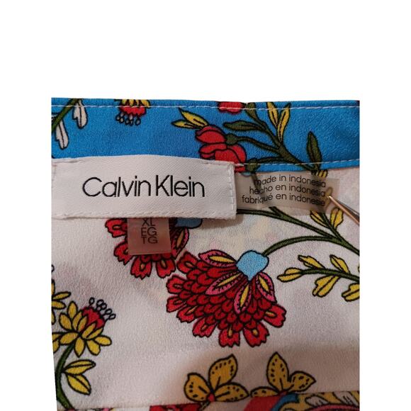 Artsy Colorful‎ Floral V-Neck Button Blouse Top XL Long or 3/4 Roll Tab Sleeves - Picture 7 of 10